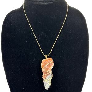 Wire Wrapped Raw Aragonite Pyrite Crystal Pendant Necklace Red Orange Iridescent